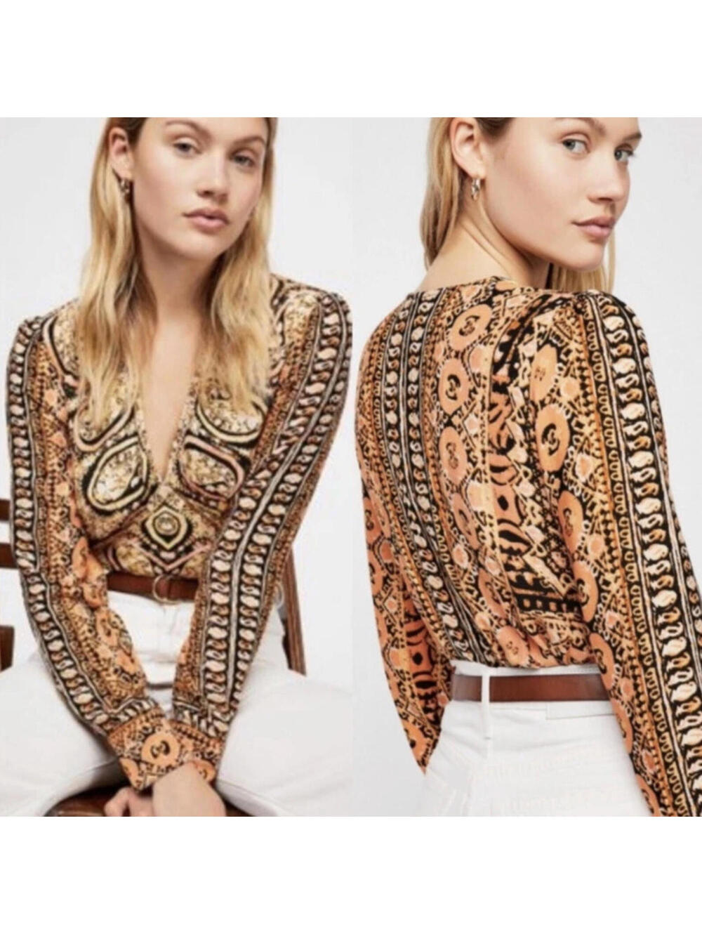 Free People Wild and Free Blouse M Paisley Boho Wrap V Neck Long Sleeve Top